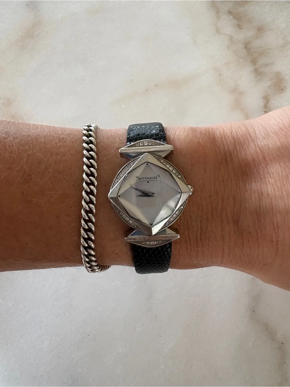 Wittnauer Silver Geometric Case Watch with Crystals and Black Leather Strap